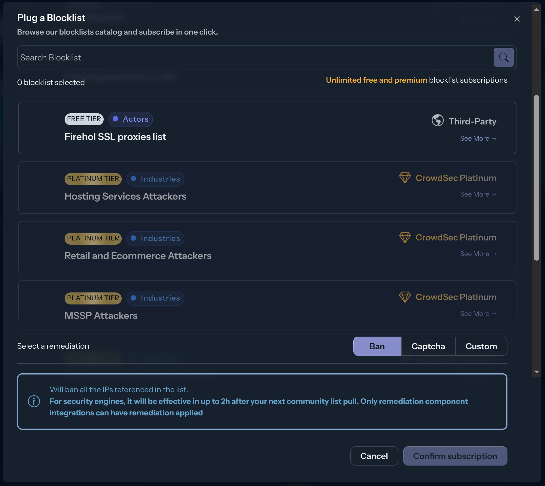 Subscribe Integration to Blocklists Screen