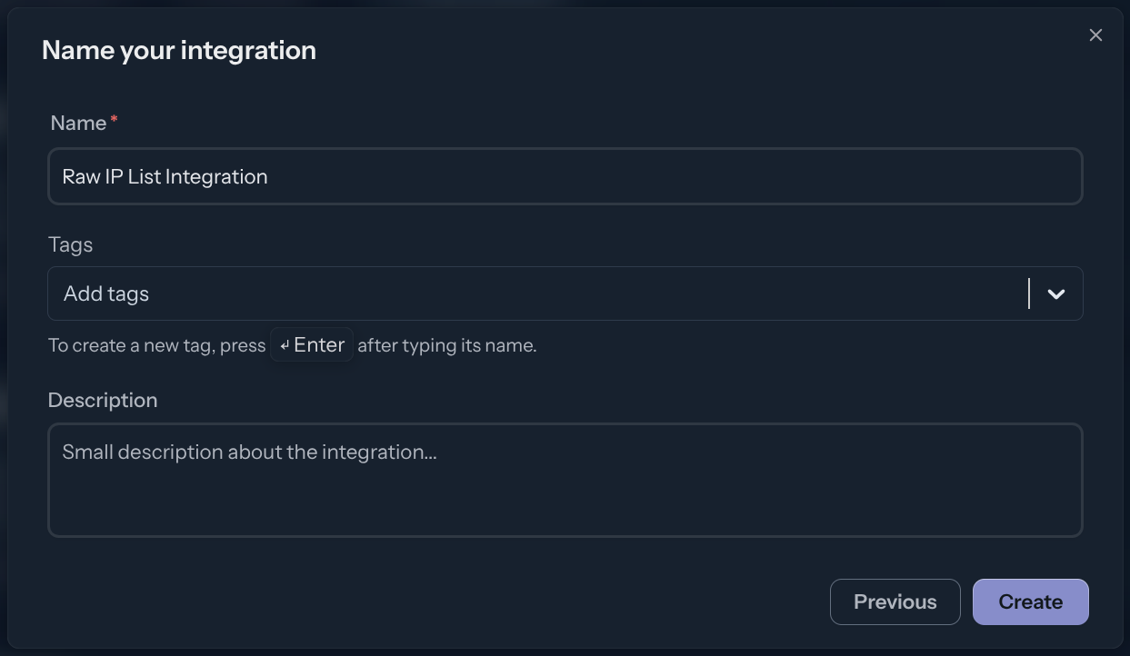 Integration Creation Screen