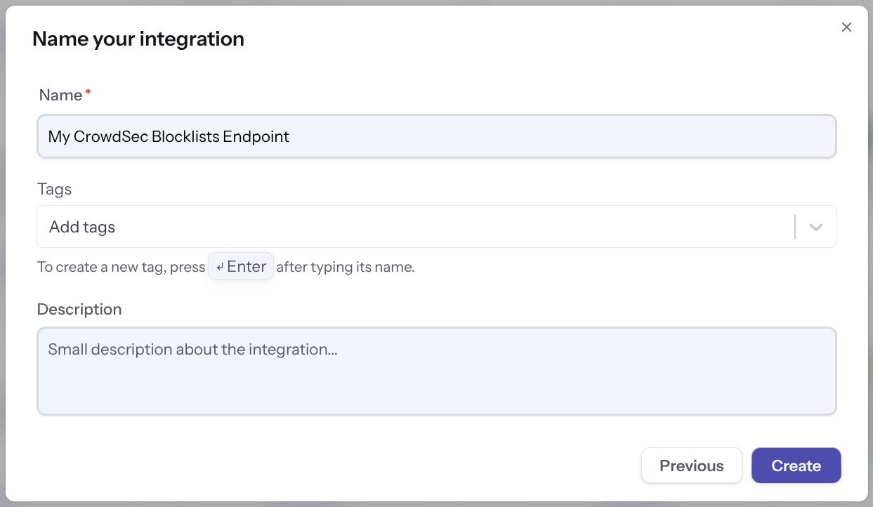 Integration Creation Screen