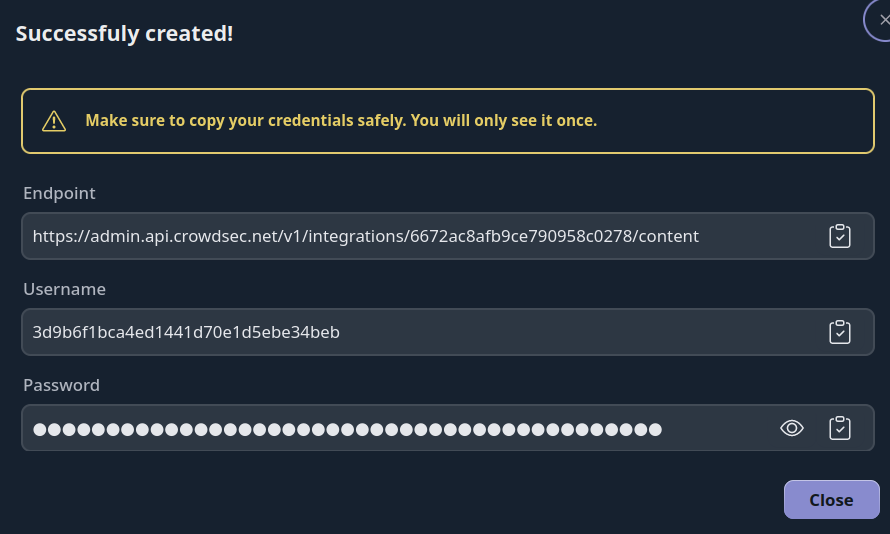 Raw IP List Integration Credentials Screen